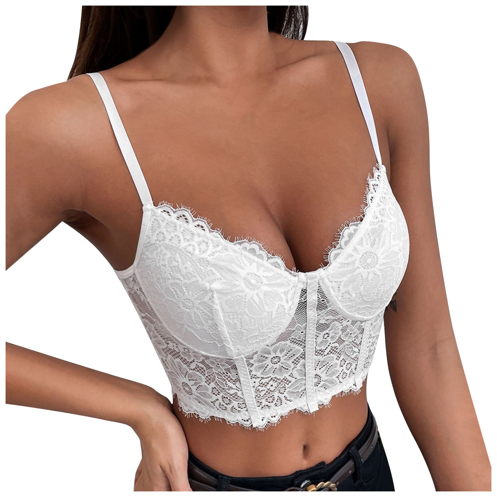 thumbnail image 1 of Corsé sexy de encaje y malla para mujer: relleno extraíble, tirantes ajustables, diseño floral para fiesta/salida nocturna, 1 of 2
